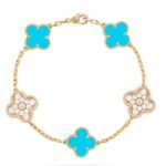 [Eternal Jewelry]CLOVER 5 MOTIF TURQUOISE DIAMOND GOLD BRACELET - Image 2